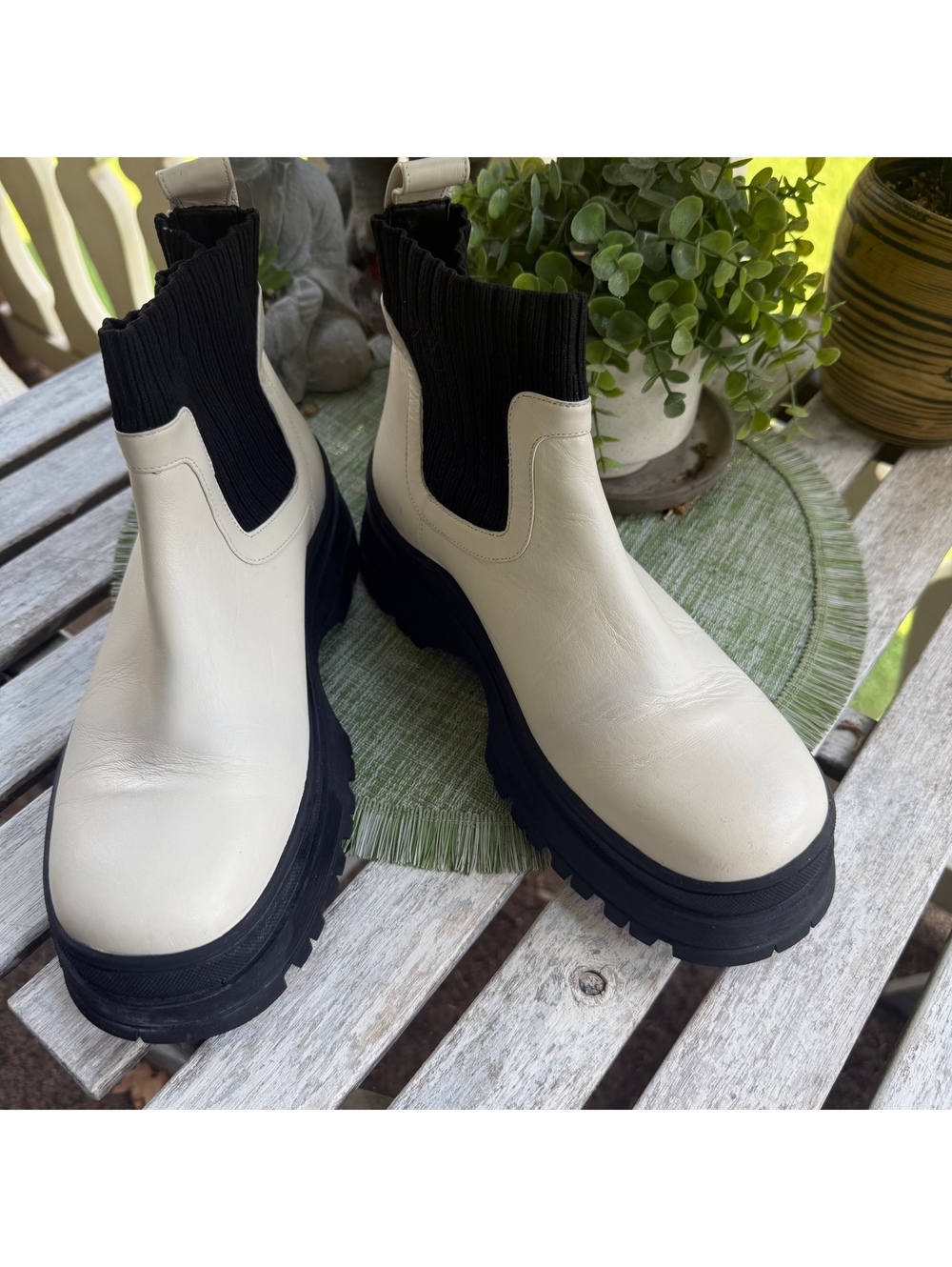STAUD Wally Sock Boots Cream Leather Chunky Sole Sz 39 (US 8.5-9) $500 Retail